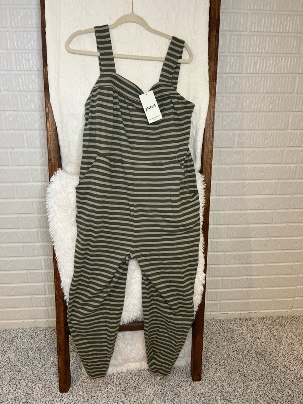 NWT Pact Organic Cotton Striped Wide Leg Jumpsuit - Olive & Grey